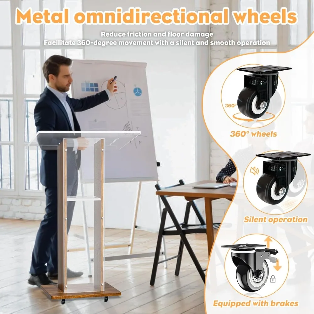 説教や講義用の木製フレームとロック可能な車輪付きのポータブルアクリル製教会説教壇