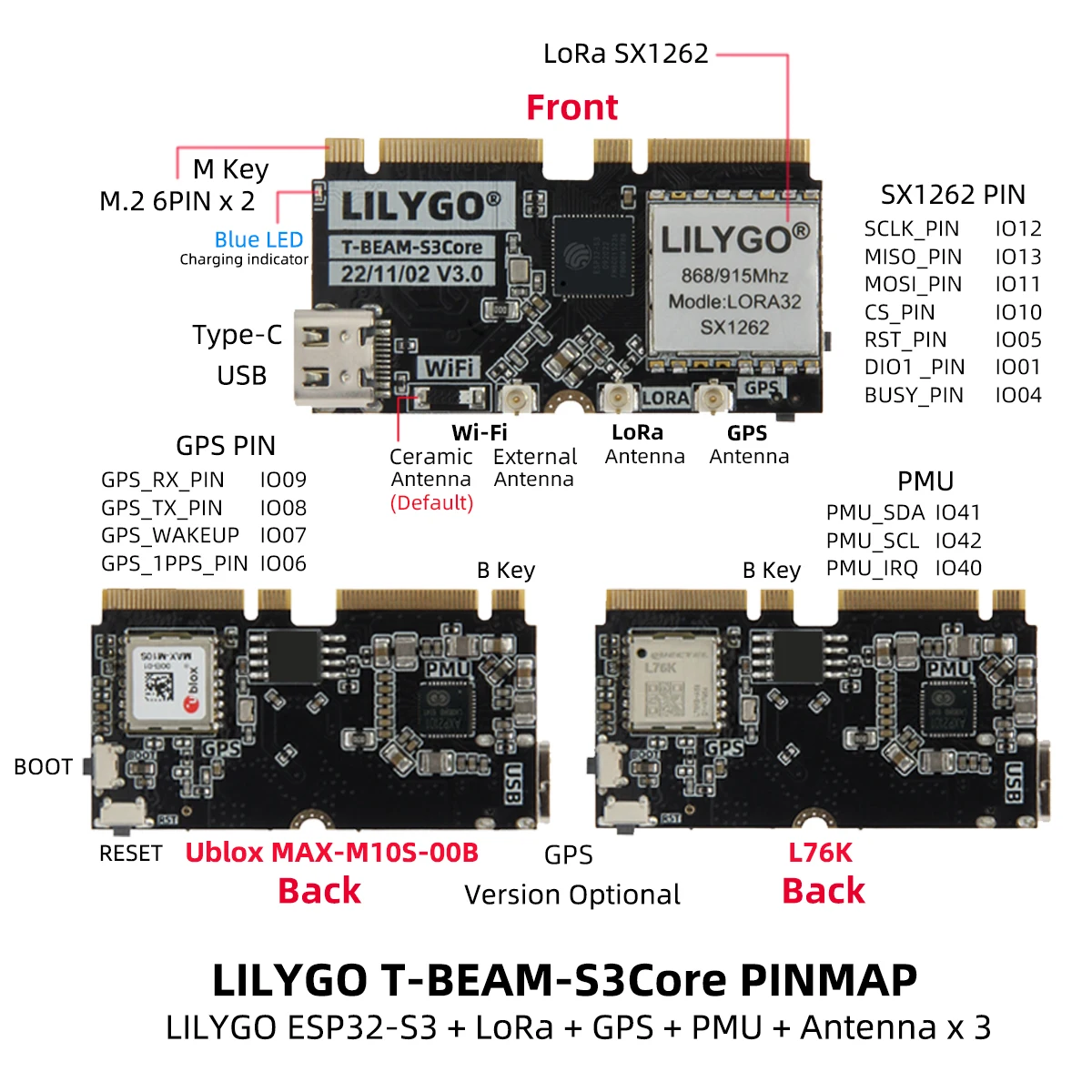 LILYGO TTGO T-BEAM-CORE V3.0 ESP32-S3 مجلس التنمية L76K UBLOX M10S-00B الإصدار 433Mhz 868Mhz شبكات الاتصالات