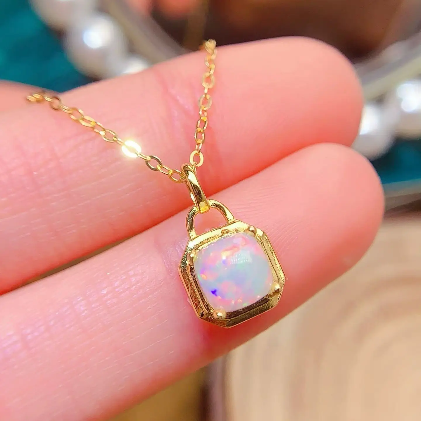 925 Silver Natural Opal Pendant, 6mm Cushion Cut Genuine Opal Pendant with Certificate Lock Design Fine Jewelry for Women
