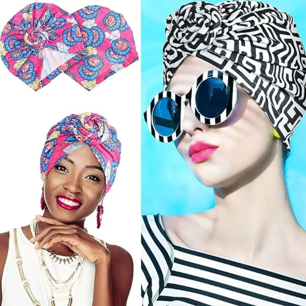 New Floral African Knot Turban Elastic Elegant Head Wrap Women Chemo Cap Beanie Pre Tied Front Knot Bandana Headwear