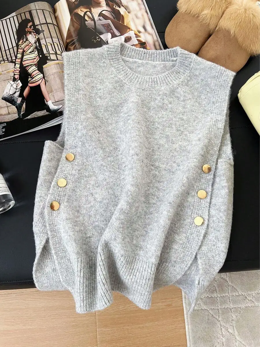

Women's Gray Knit Sleeveless Vest with Gold Side Buttons, Round Neck, Casual Fit