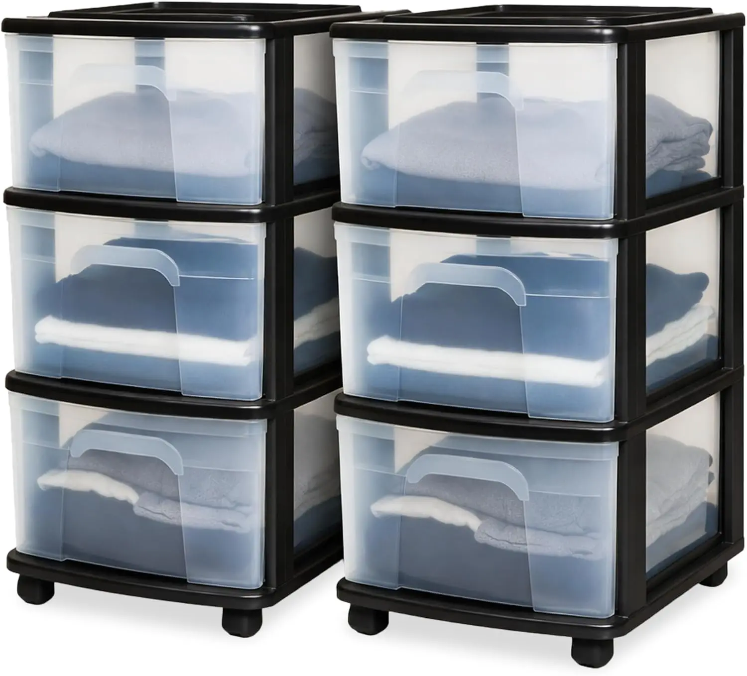 

2-Pack Drawer Tower, 3-Tier Clear Plastic Storage Organizer Cart, Black Frame - Organizing Containers with Wheels for Home, B