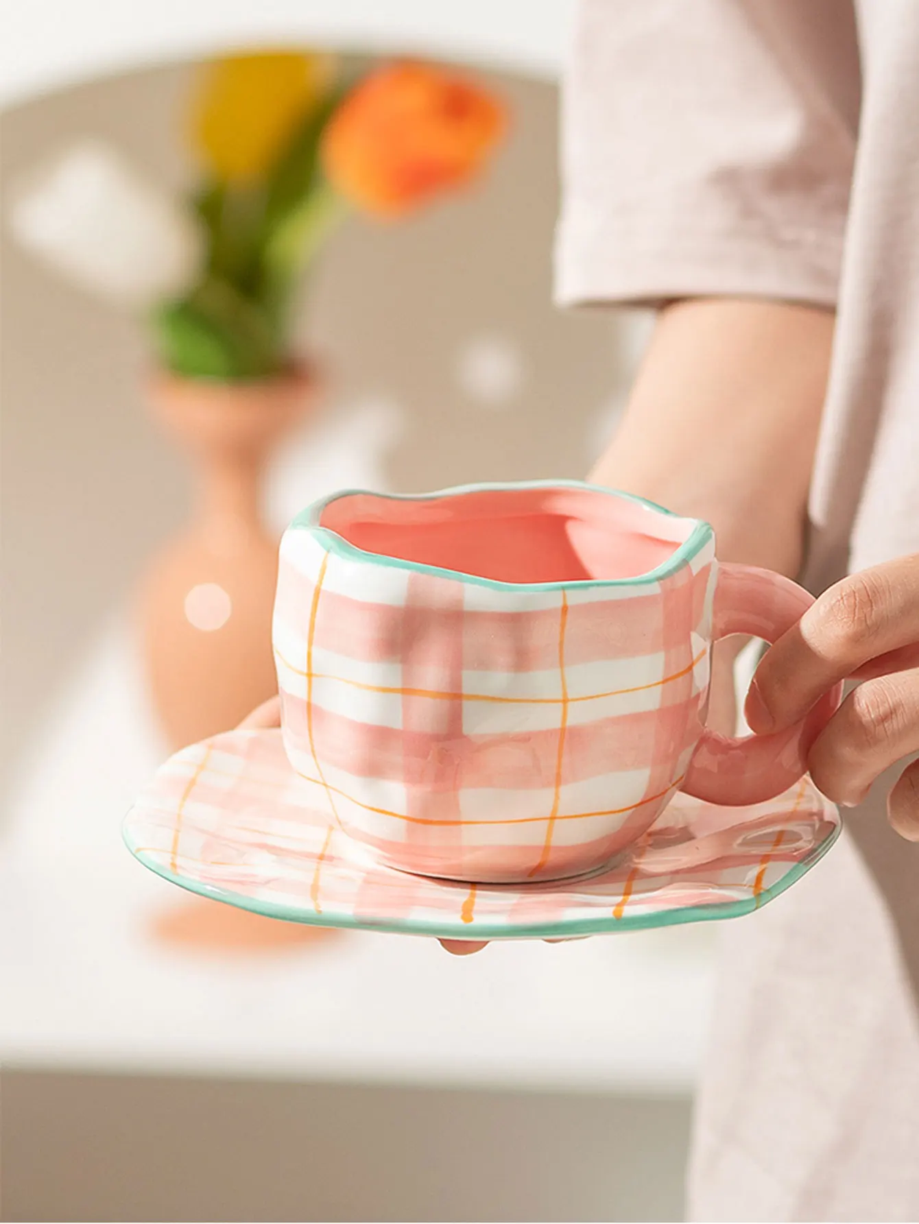 Handbemalte Blume Keramik Kaffeetasse Home Office Becher mit Teller Löffel Frühstück Milch Saft Tee Griff Tasse Geschenk Trinkgeschirr Set