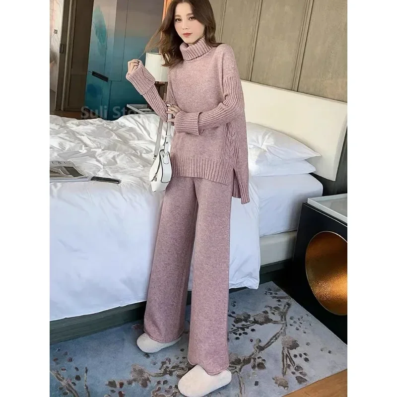 Sweater Set Warm suit for Women Winter Knitted Suits 2 Piece  Soild Turtleneck  + Loose Trousers Office Lady Suit N326