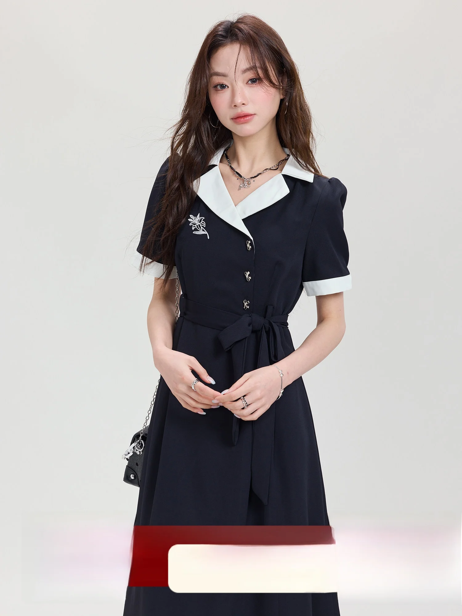 

Элегантное женское платье XiaoKe Academy Style с коротким рукавом, летнее, новое, для собеседований, с завышенной талией, А-силуэт, простое и стильное