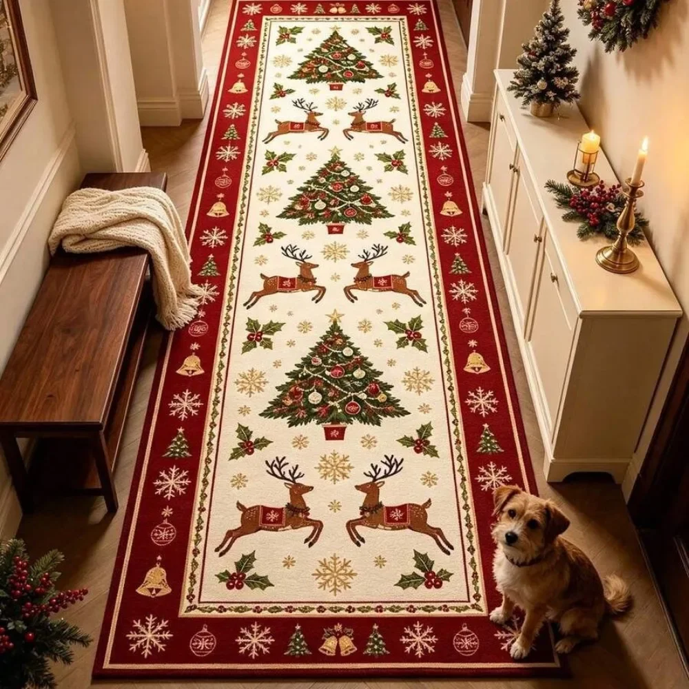 Christmas Corridor Runner Carpet Santa Claus Snowman Pattern Decor Hotel Hallway Anti Slip Washable Luxury Floor Mat Aisle Rug