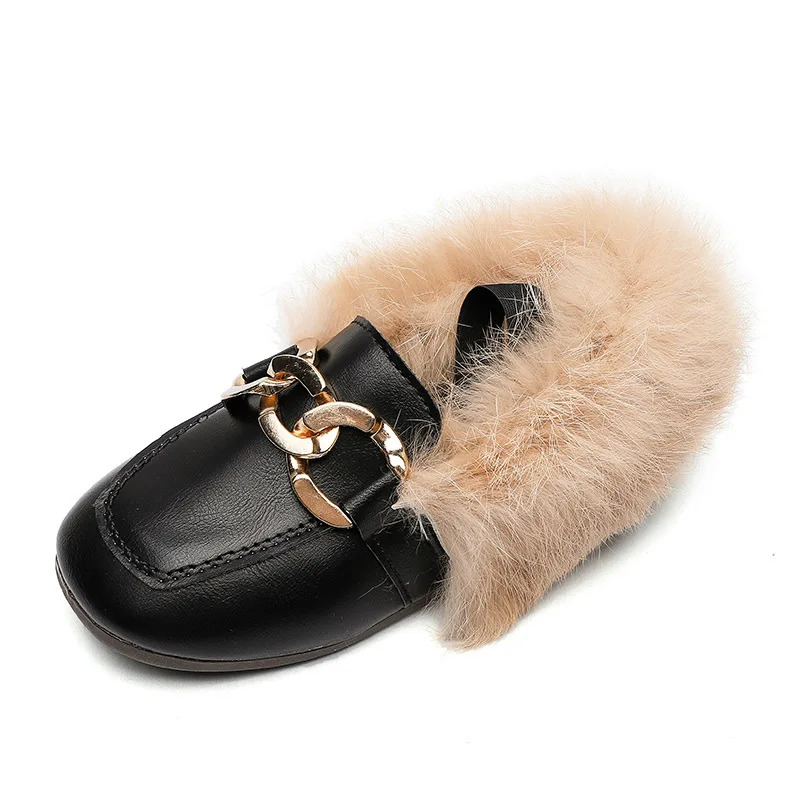 JGSHOWKITO Children's Winter Cotton Shoes Warm Plush Fluffy Fur Girls Flats Kids Loafers With Metal Chains Fashion Toddler Shoes