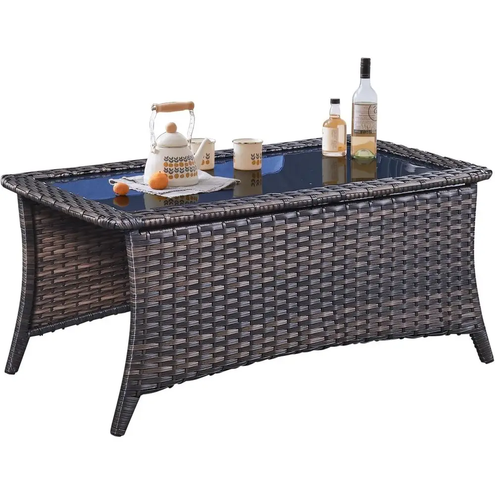 

Durable Tempered Glass Outdoor Coffee Table, Brown Wicker Patio Furniture, Rattan Design for Deck and Backyard