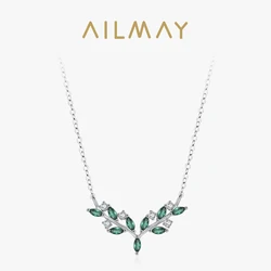 Ailmay 925 Sterling Silver Temperament Green Zircon Olive Branch Leaves Pendant Necklace For Women Jewelry Wedding Gift