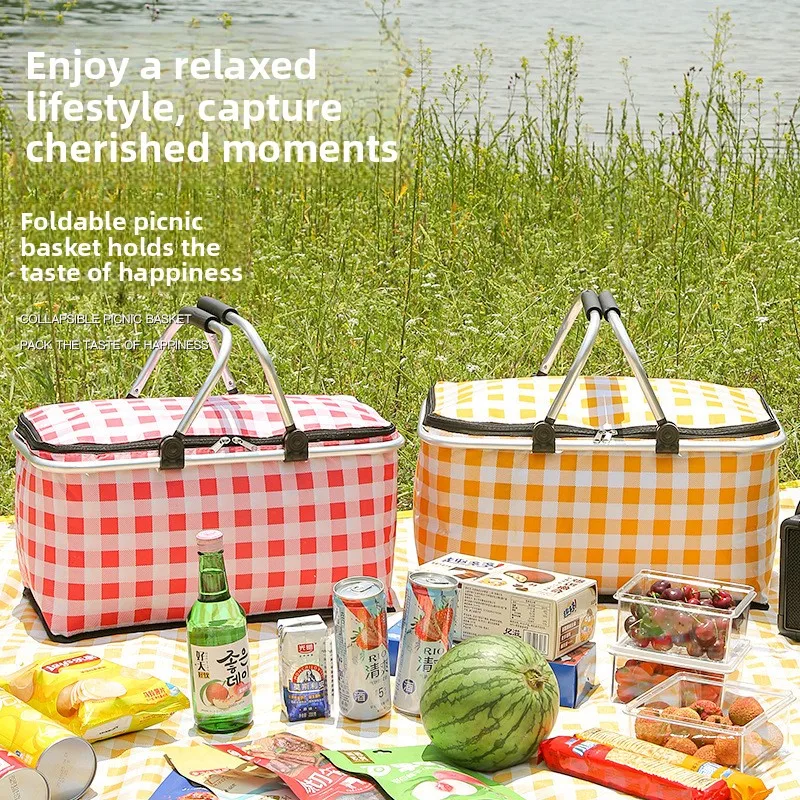 11.8L Large Capacity Picnic Plaid Stripe Insulated Handbag Outdoor Camping Foldable Portable Picnic Hand Basket Storage Basket