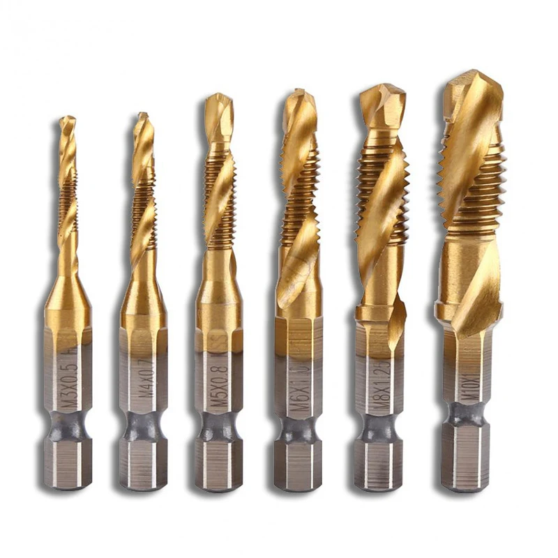 

6PCS/Set HSS 4341 M3-M10 Screw Tap Drill Bits Taps Woodworking Metric Bit High Speed Steel Titanium 1/4" IN Quick Change Hex