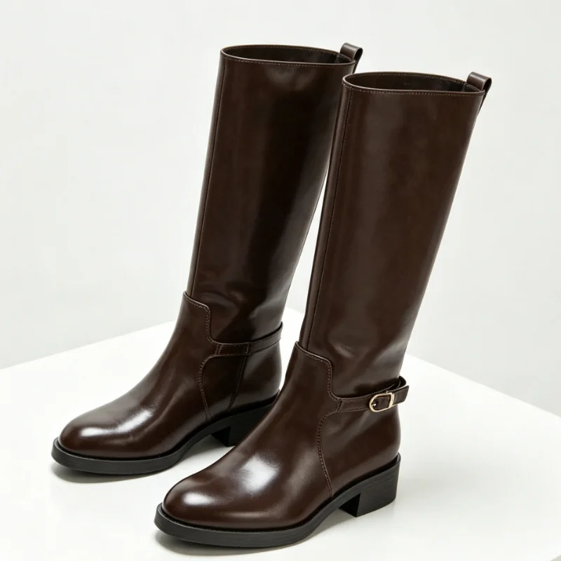 Concise Soft Leather Chunky Heel Knee Boots Women Fashion Round-toed Metal Buckle Detail Long Knight Boots Luxury Designer Shoes