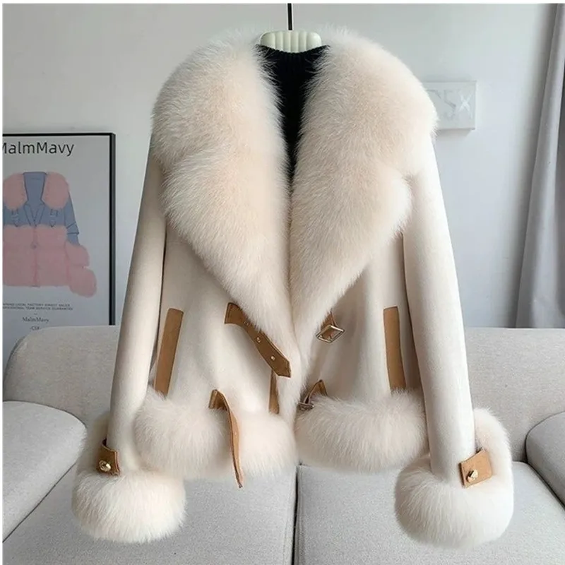 موضة تقليد الثعلب الفراء العشب معطف المرأة قصيرة فروي معطف الصوف طوق سميكة المعاطف الدافئة الشتاء معطف الفرو الوردي أبلى