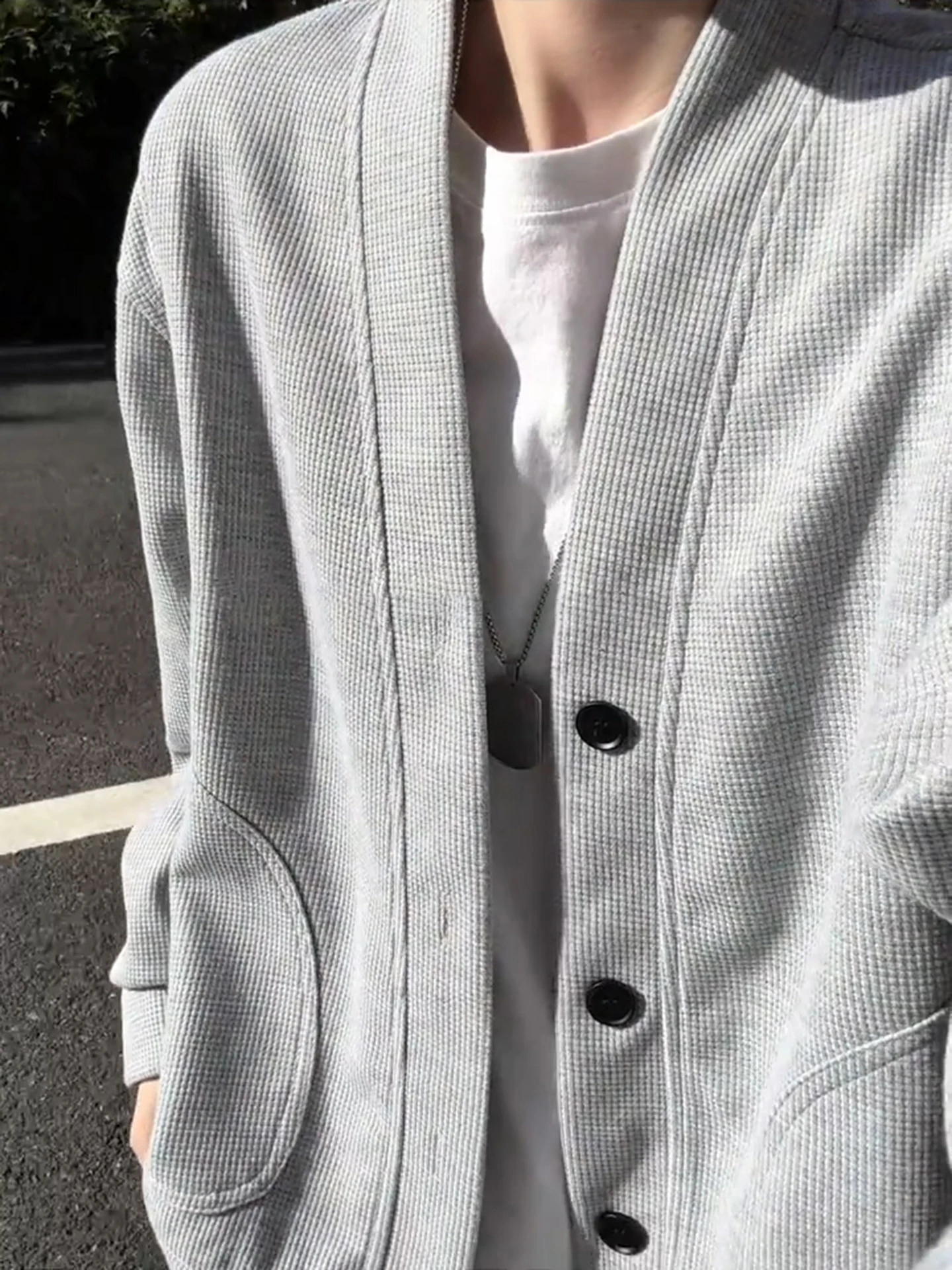 Gray V-Neck Knitted Cardigan Sweatshirt Jacket Men's Style Autumn Casual Loose Fit American Jacket Breathable Polyester