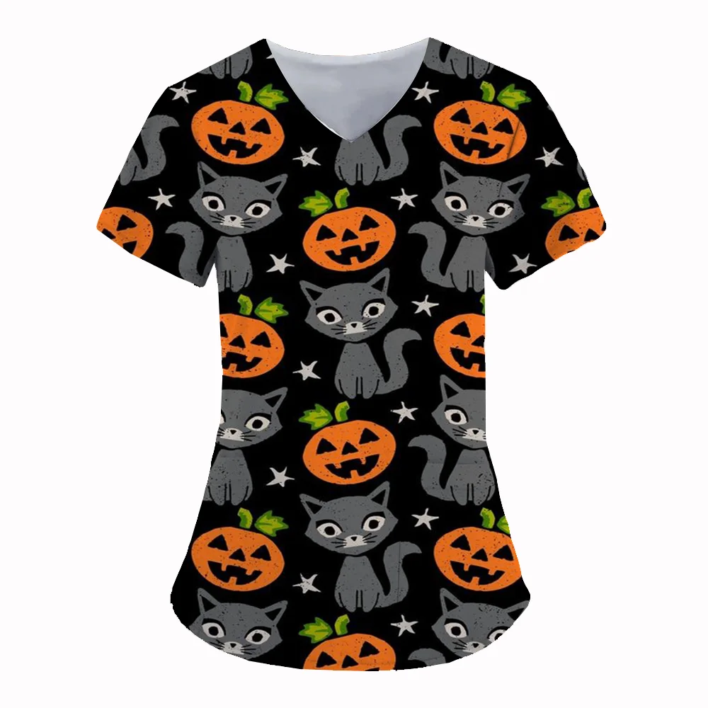 Halloween Women's T-shirts V-Neck Working Uniform for Women  3D Print Tops Nurse Uniform, Cute Pumpkin Blouse Pocket Workwear,