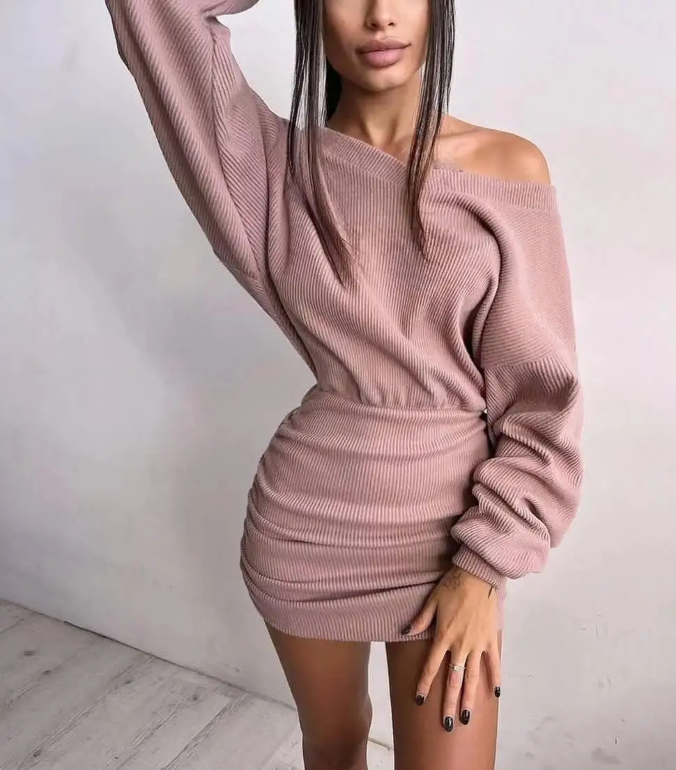 2023 Autumn/Winter New V-neck Long Sleeve Knitted Commuter Solid Popularity Office Lady Skin Friendly Dress Loose Wrap Hip Skirt