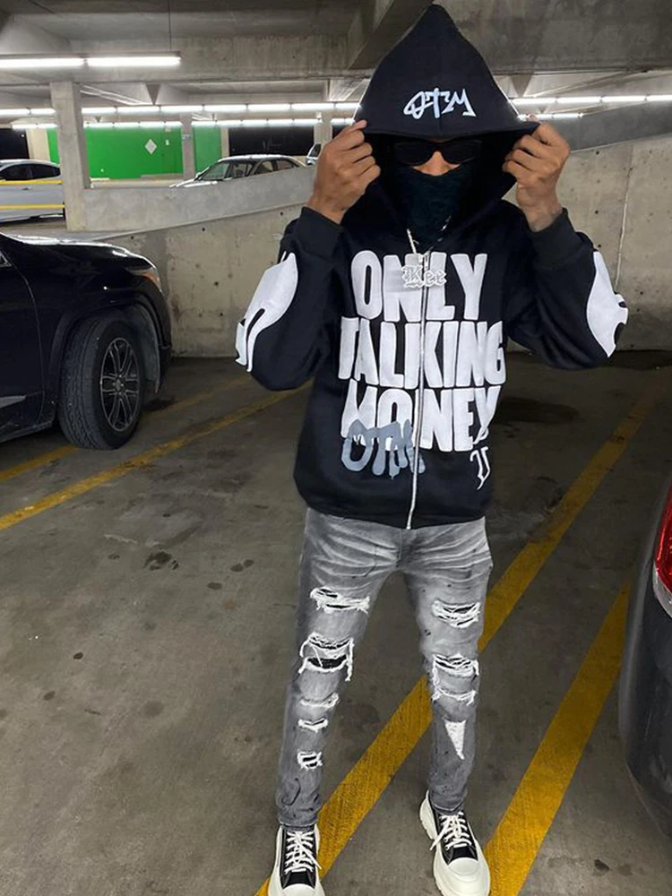 BIG PROMOTION Y2K Europe and America Autumn/Winter Flame Letter Printing Casual Hoodie Street Hip Hop Cardigan Zipper Coat Men