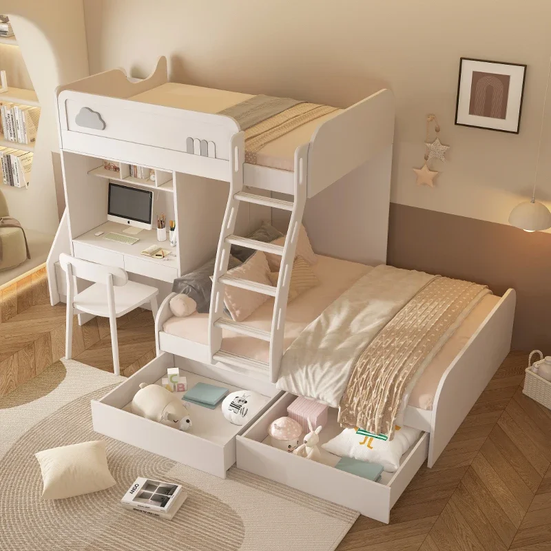 Camas superiores e inferiores escalonadas de madera maciza, con armario, cama de escritorio de dos pisos paralela, dislocación blanca