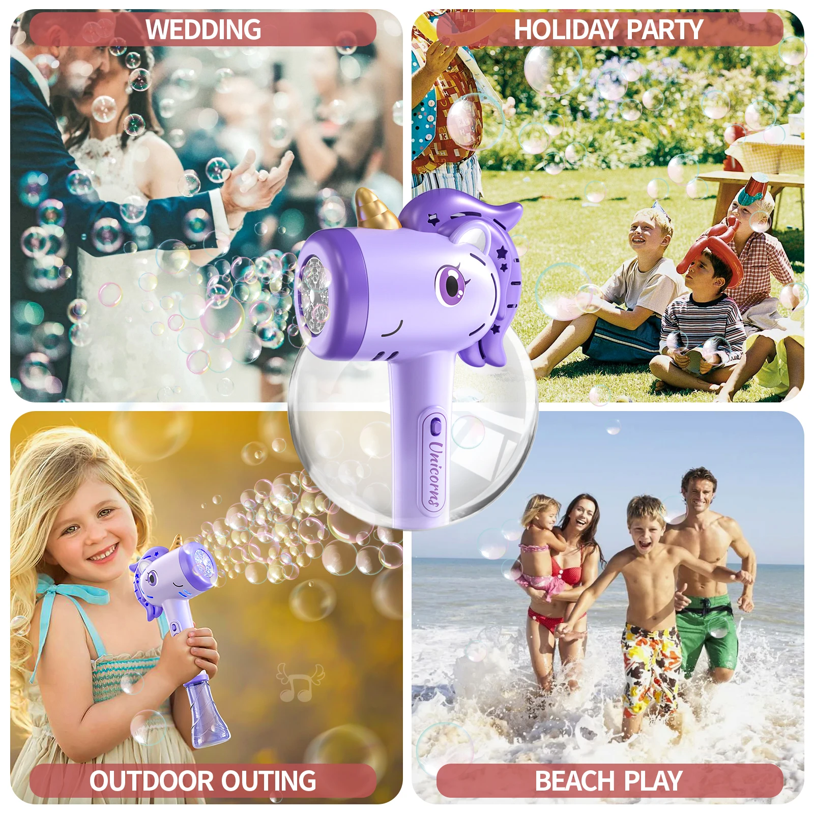 Einhorn-Seifenblasenmaschine, automatische Seifenblasenmaschine mit Fantasy-LED-Lichtern, Outdoor-Seifenblasenspielzeug für Kinder ab 3 Jahren, inklusive Seifenblasenlösung – Detail 3