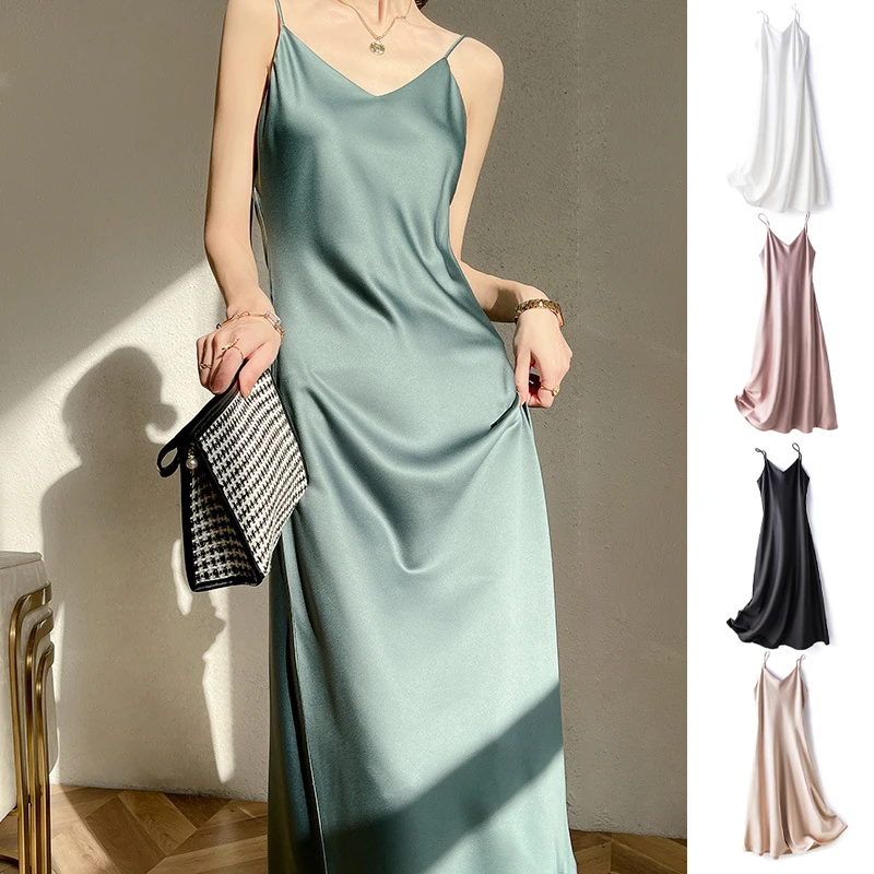 Damska seksowna Cami V Neck Satin sztuczny jedwab długa sukienka wieczór Paty Club Cocktail Sling śpiąca kobieta bez rękawów, dekolt V koszule nocne