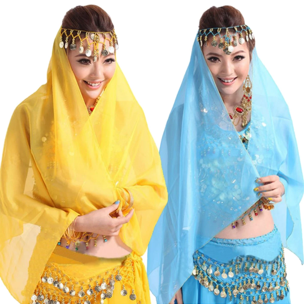 Women\'s Solid Color Chiffon Belly Dance Headwear Coin Headband Scarf Headpiece Dance Costume