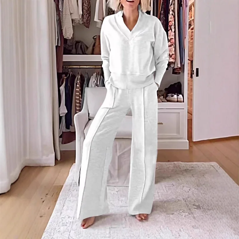 

Womens European American Autumn Winter New Style V Neck Long Sleeve Solid Color Versatile Casual Sweatshirt Pants Set
