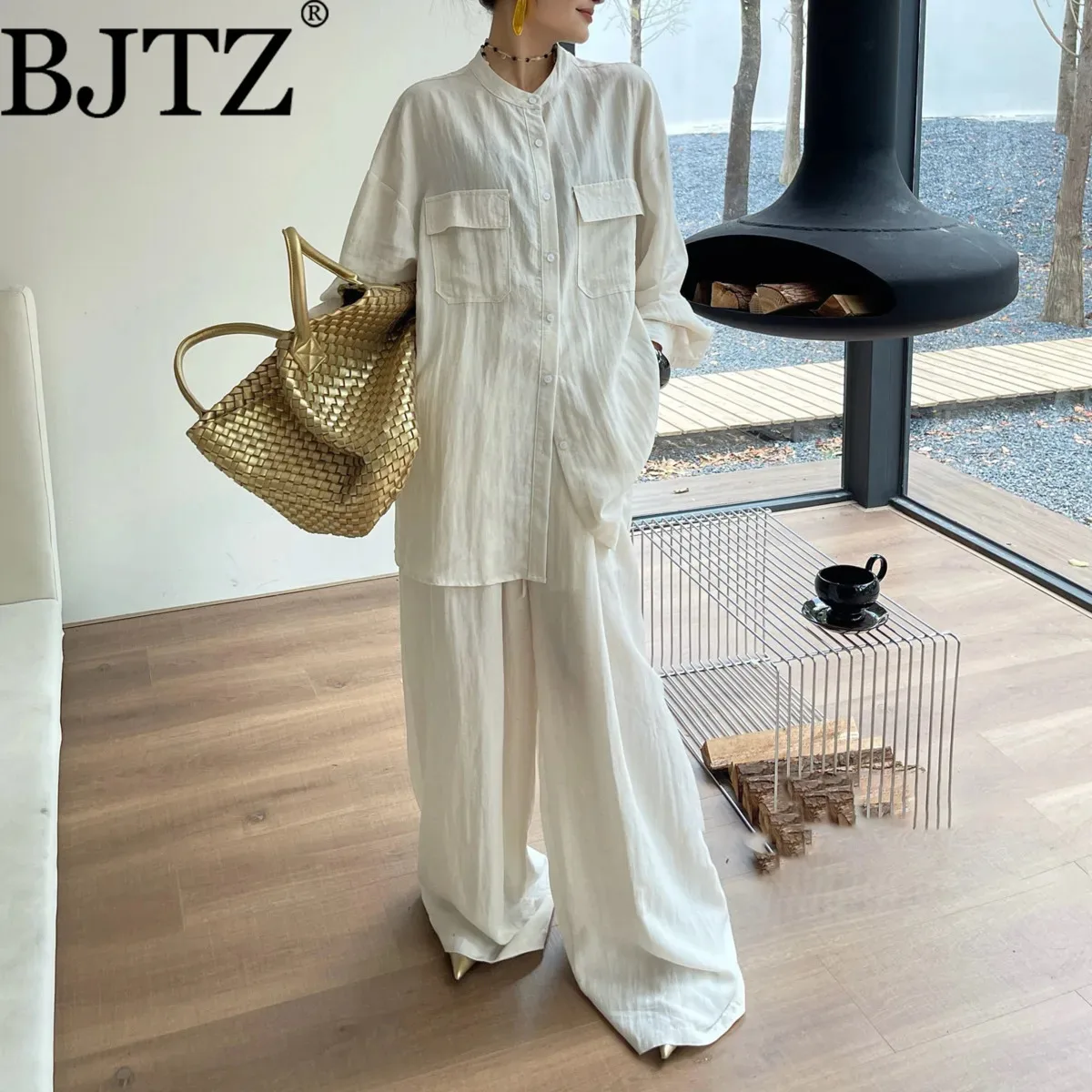

BJTZ модный универсальный повседневный женский комплект весна-лето 2025 новая свободная рубашка с воротником-стойкой + повседневные широкие брюки комплекты из 2 предметов