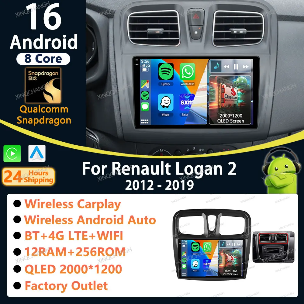 Android 16 Car Radio Carplay Auto For Renault Logan 2 Sandero 2012 - 2019 Multimedia Video Player 4G LTE 5G WIFI BT Navigation