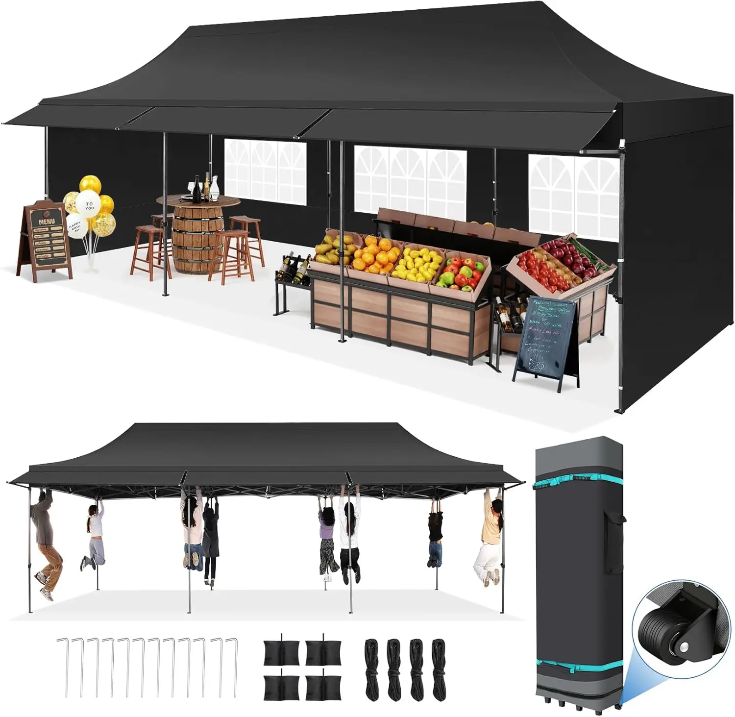 Pop Up Canopy Tent Heavy Duty with Sidewalls Outdoor Commercial Canopy with Awning Waterproof&69 SF Extended Awning Black 10X30