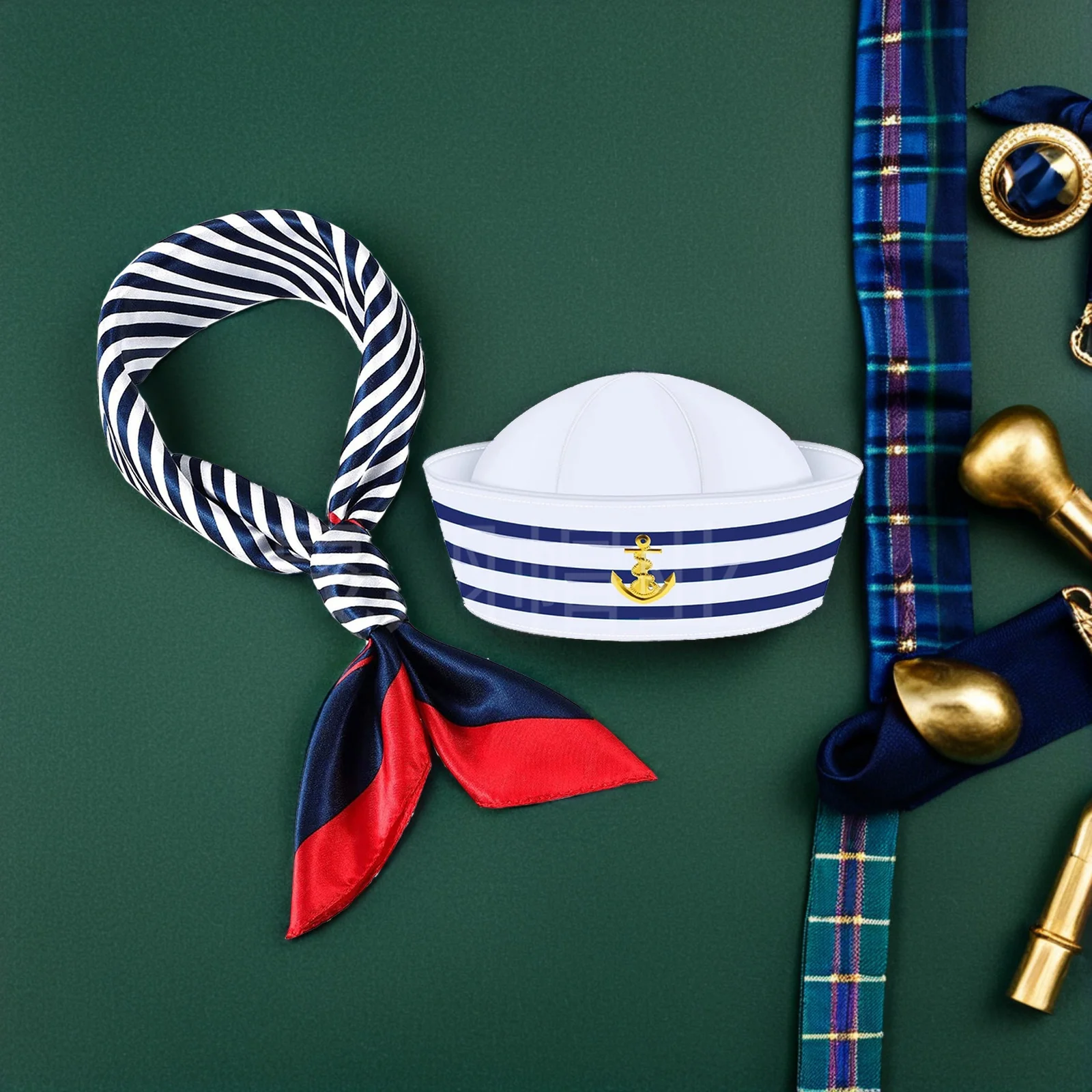 Niebiesko-biały strój marynarski z kapeluszem i szalikiem, zestaw 58 cm, strój marynarski, poliester, akcesoria imprezowe, styl marynarski, statek