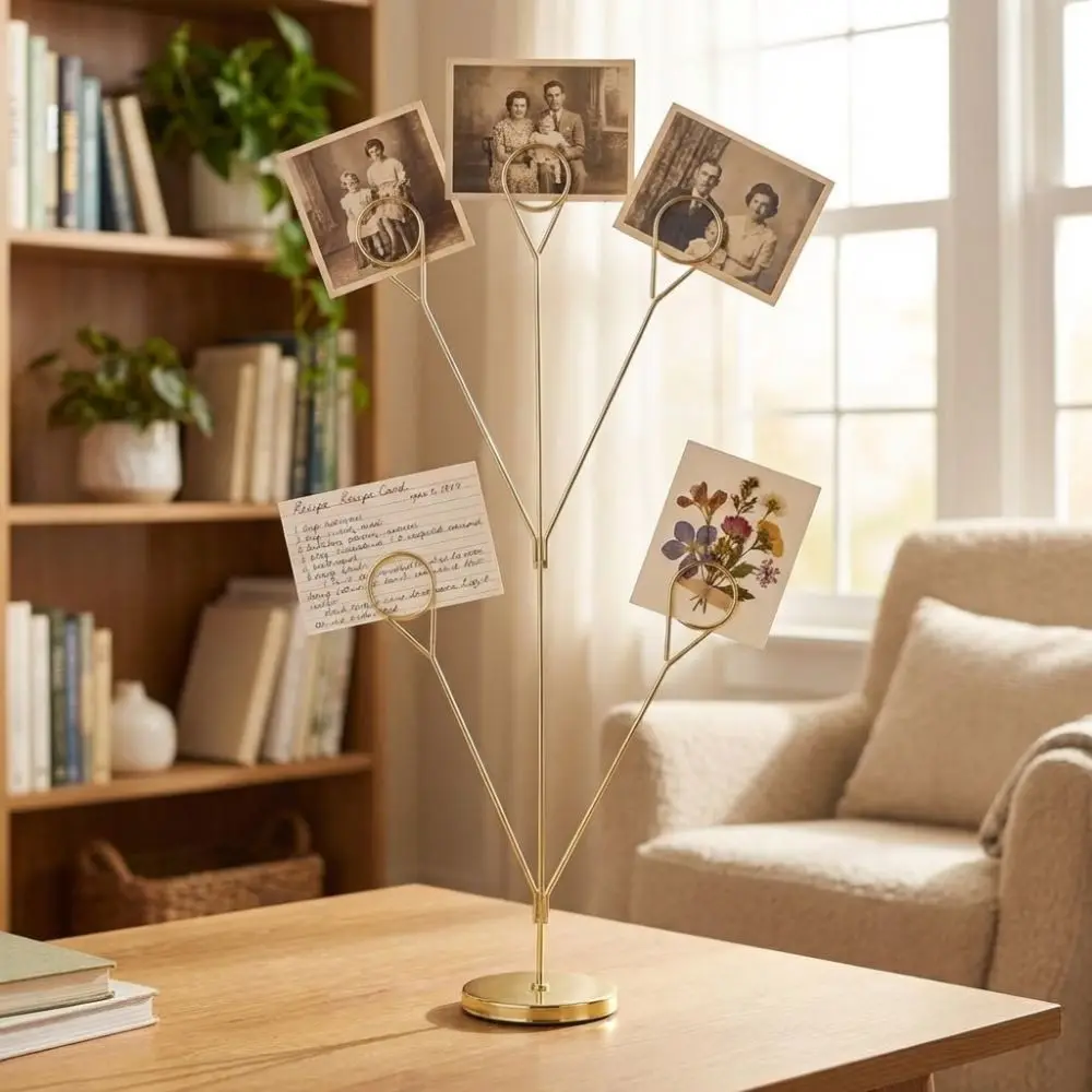 Desk Organizer 5-Branch Photo Holder Round Base Metal Memo Clip Stand Romantic Vertical Display Stand Valentine Day