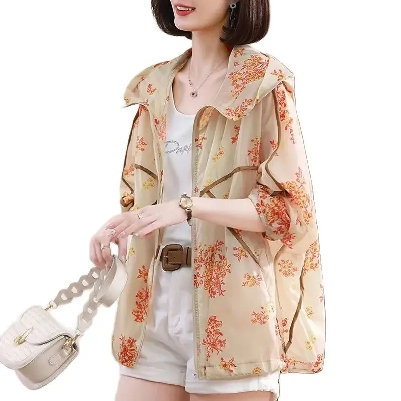 

Printed Sunscreen Clothing Women Summer Light Thin Breathable Ladies Coat 2023 New Fashion Loose Fat Mom Sun-Protective Clothing