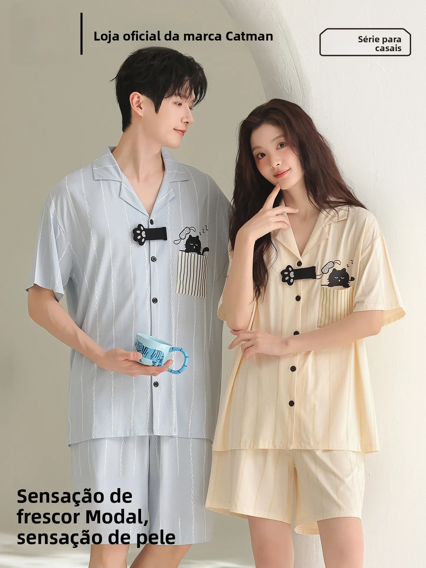 modal-couples-sleepwear-summer-short-sleeve-shorts-open-cardigan-cartoon-loose-cool-feeling-home-clothes-set-for-men-an