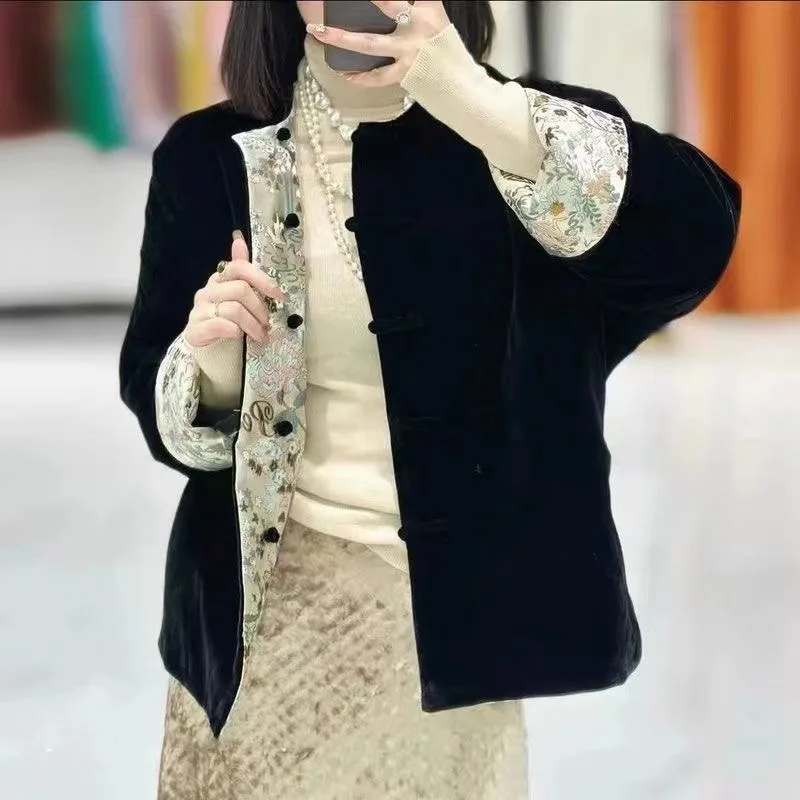 Chinesische Samt Jacke frauen Winter Neue Nähte Jacquard doppelseitige Tragen Mantel Elegante Casual Oansatz Baumwolle Oberbekleidung 2025