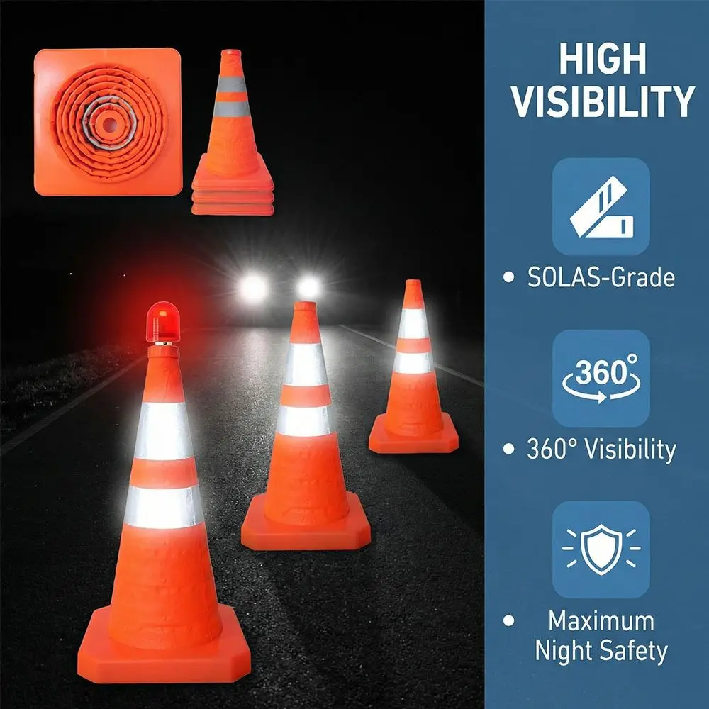 

Orange Color LED Light Reflective Cone Foldable Design Telescopic Design Road Cone Barricades with Ceiling Light Oxford Material