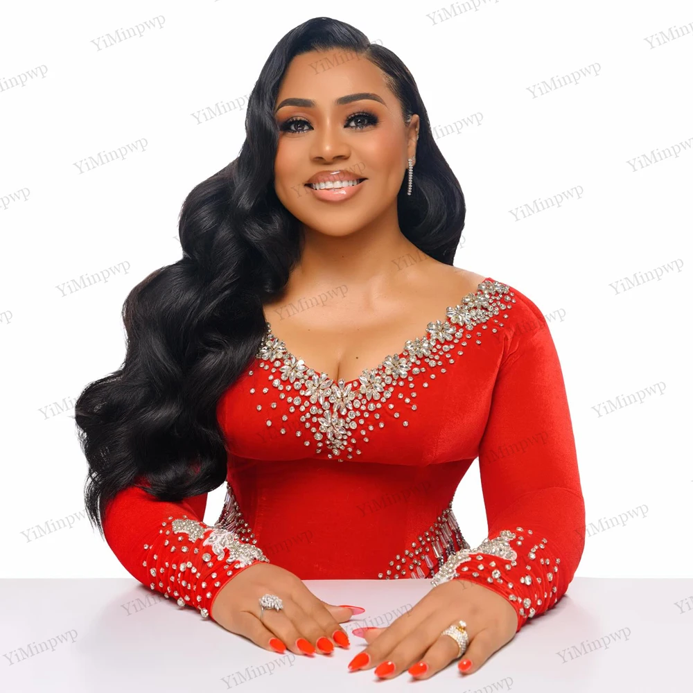 Gaun Malam Merah Diamantes Panjang Mewah 2025 Model Duyung V-Neck Berhias Berlian Imitasi Seksi Afrika Formal Pesta Prom Gala Gaun Dapat Disesuaikan