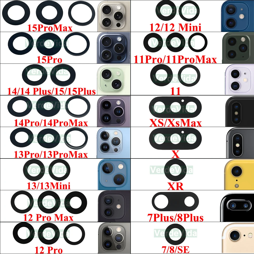10set Rear Back Camera Glass Lens for iPhone 15 14 Plus 1113 Pro Max 12 Mini XS XR 8 7 Rear Cover Lens 3M Sticker Adhesive image 3