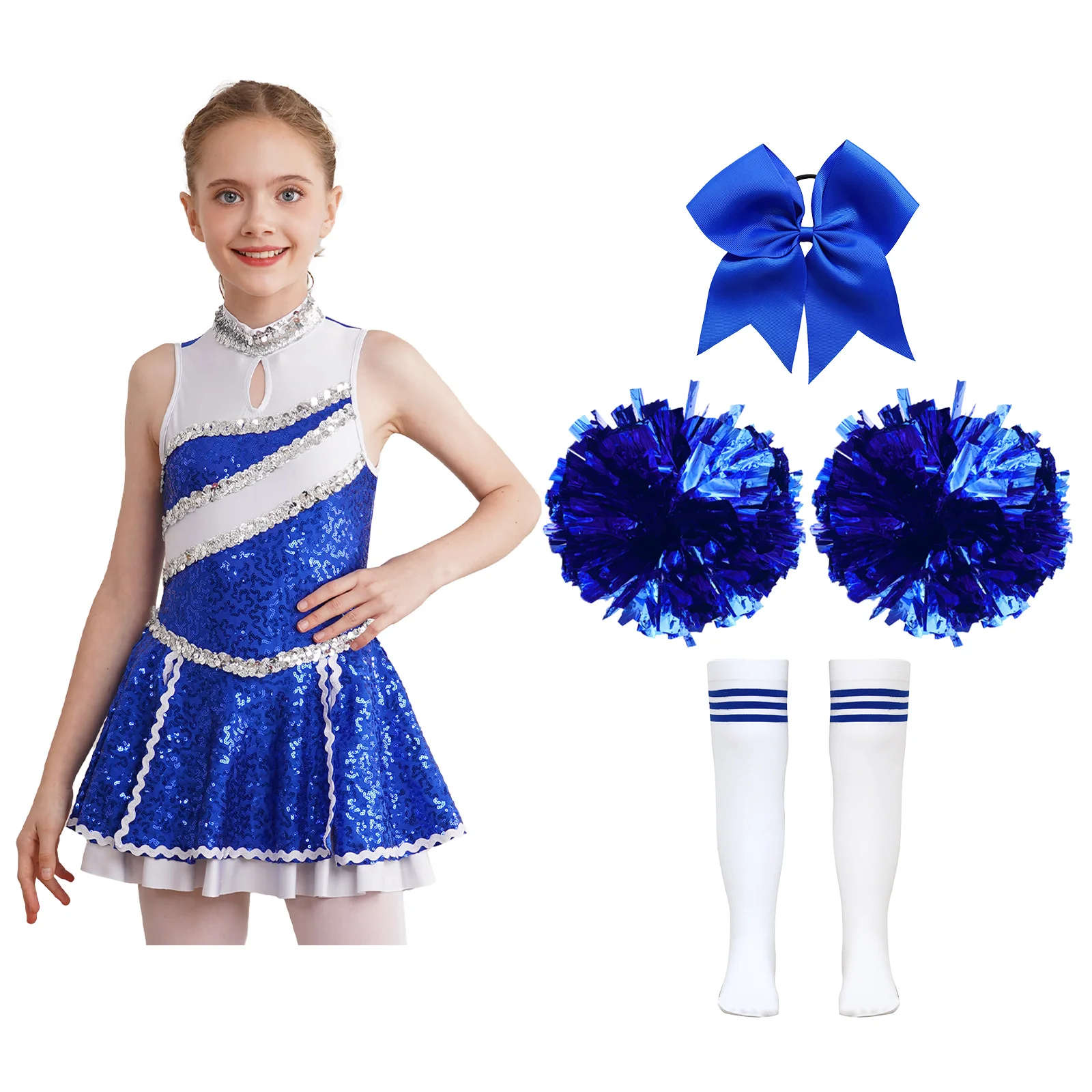 

Schoolgirls Competition Cheer Team Outfits Youthful Cheerleading Dress with 1Pc Bowknot Headwear 2Pcs Hand Flowers Striped Socks