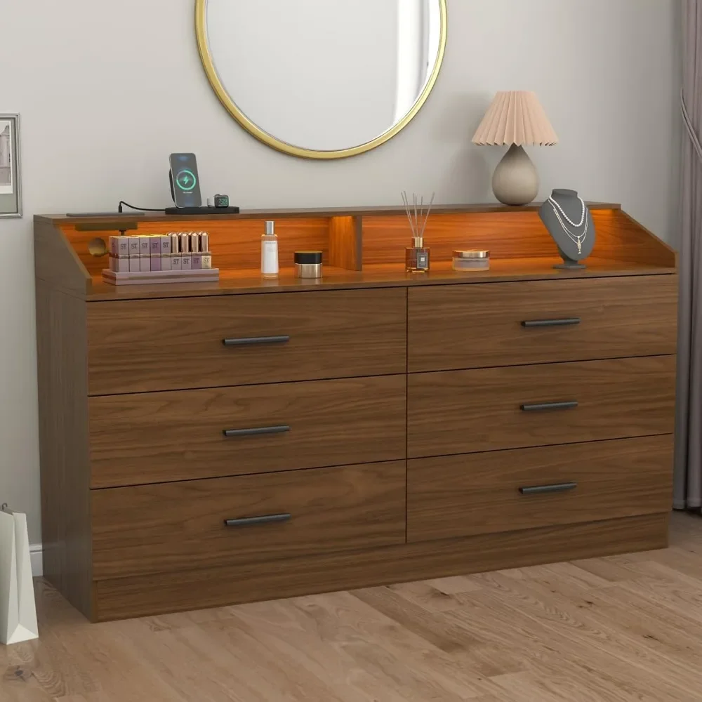 Commode avec prise de courant, commode moderne avec rangement ouvert, commode double large, commode avec lumière LED, 6 portes de proximité