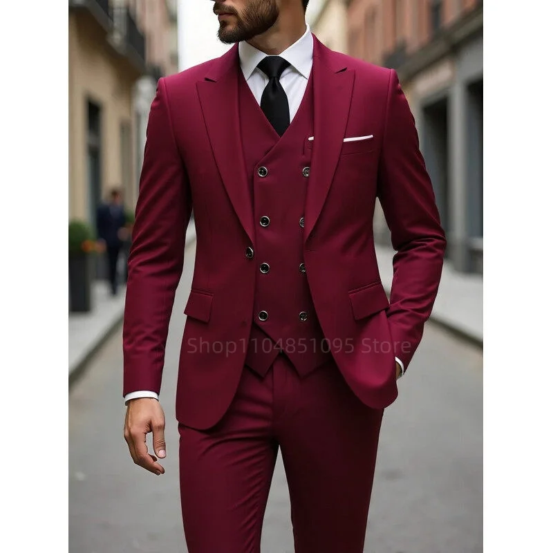 

3 Piece Burgundy Men's Suits Elegant Full Set Single Breasted Peaked Lapel Blazer Formal Prom Business Suits(Jacket+Pants+Vest)