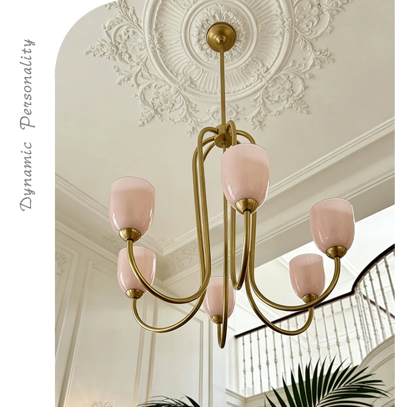 Bauhaus pink and white glass pendant light, French living room light with multiple lamp heads, bedroom pendant light