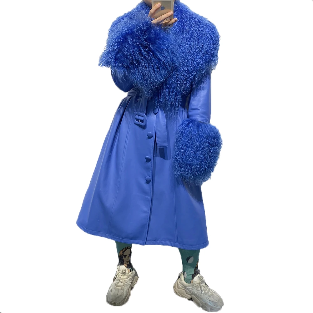 Denny&Dora Blue Long Coat Plus Size - Women Genuine Leather Trench Coat with Mongolia Sheep Fur Collar