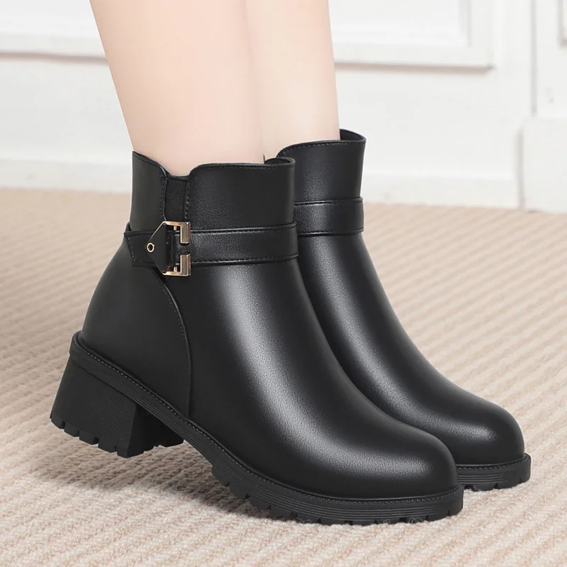 

5cm Plus Size 35-43 British Elegant Women's Shoes Winter Wool Boots 2025 Block Heels Short Motorcycle Ankle Boots for Office Mom