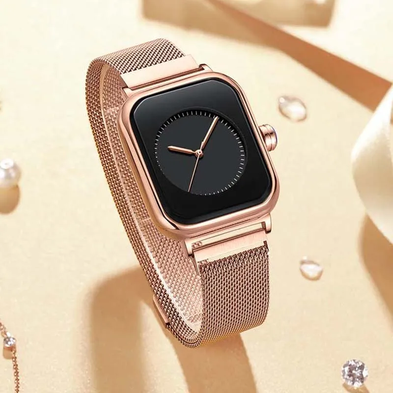 นาฬิกาควอตซ์สำหรับสุภาพสตรีสไตล์มินิมอลทำจากสแตนเลสนาฬิกาสีโรสโกลด์ผู้หญิงทรงสี่เหลี่ยมจัตุรัสพร้อมสายรัดตาข่ายกันน้ำ