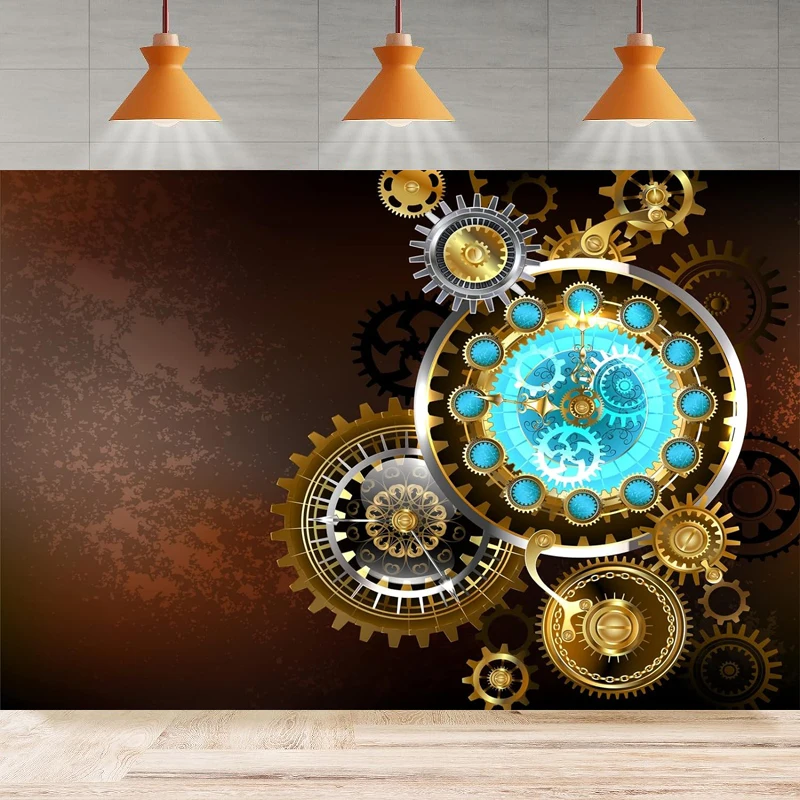 Photography Backdrop Metal Gear Clock Vintage Cogwheels Background Birthday Adult Man Boy Portrait Party Backdrop Wall Banner