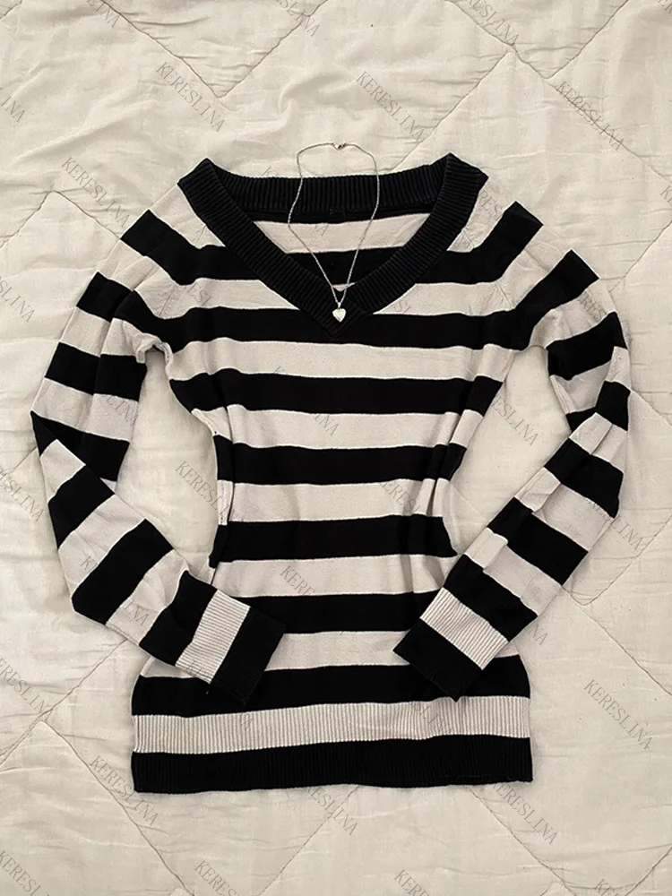 

Retro striped Harajuku Y2K autumn and winter thin women's pullover sweater casual street hip-hop emo girl versatile slim sweater