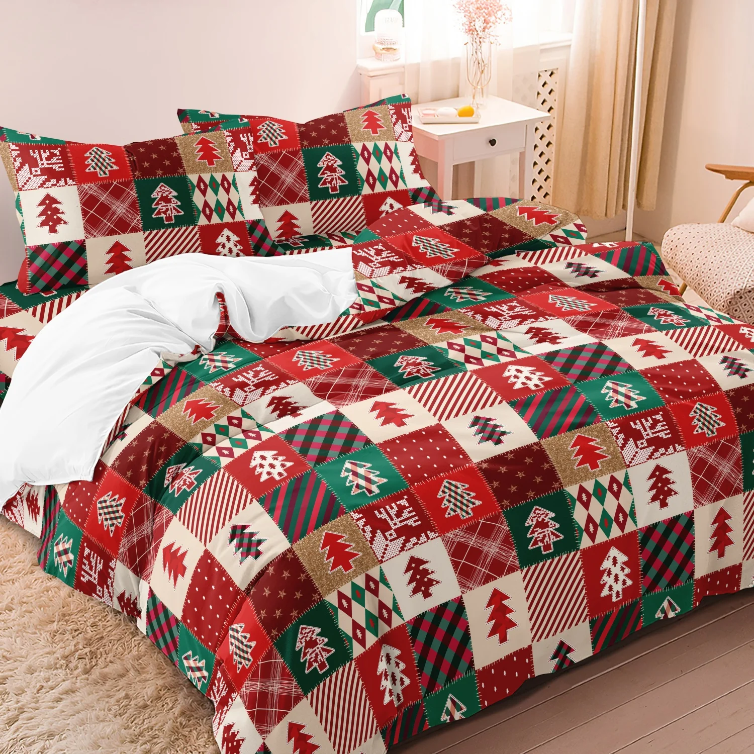 [Christmas Gift] 3pcs Red Grid Christmas Tree/Deer/Snowflake Pattern Printing Duvet Cover Set （1 Duvet Cover & 2 Pillowcases）