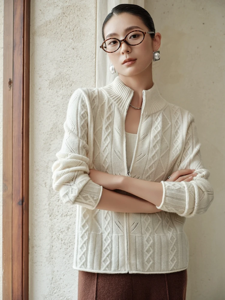 TLOML 우아한 여성용 100% 캐시미어 스웨터 목폴라 케이블 니트 지퍼 가디건 가을 겨울 오피스 레이디 캐시미어 니트웨어 코트
