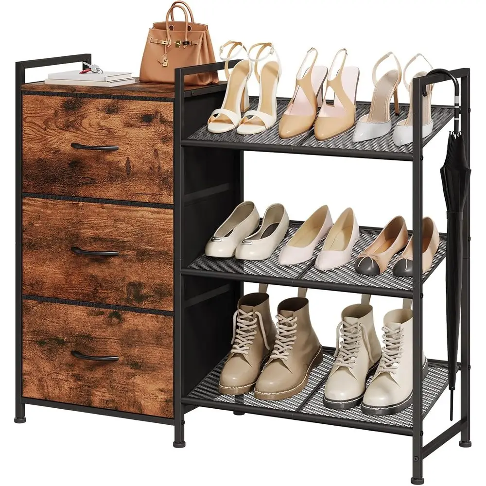 

Shoe Rack, 3 Tier Shoe Organizer with 3 Ders, Metal Shoe Storage Shel or 6-9 Pairs o Shoes with abric Shelves and Wooden Top, Na