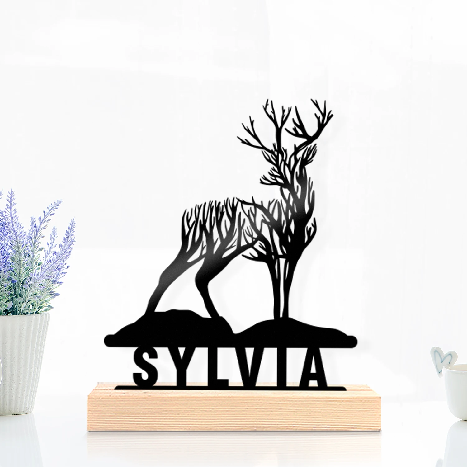 1pc Desktop Metal Ornaments Customizable Name With Wooden Base Holiday Decoration Gifts,Desktop Statue Ornaments